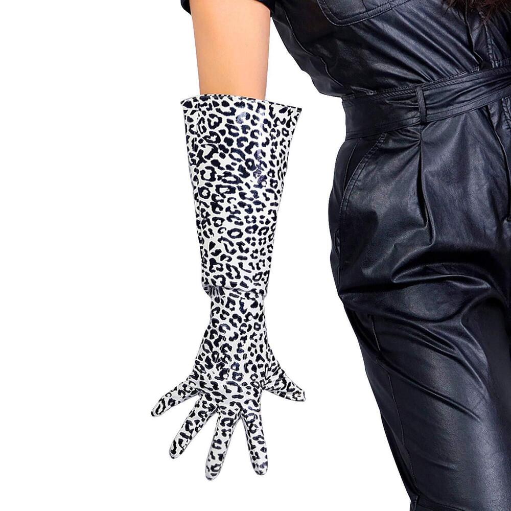 6160 Long Animal Print Leather Gloves PU Latex 20 inches Black White